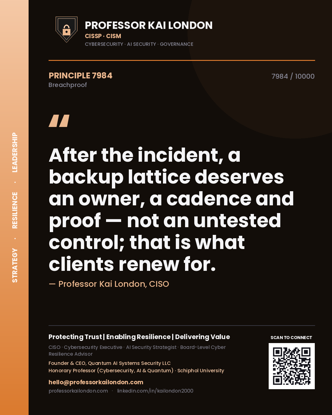 Professor Kai London principle 7984: After the incident, a backup lattice deserves an owner, a cadence and proof — not an untested control; that is what clients renew for.
