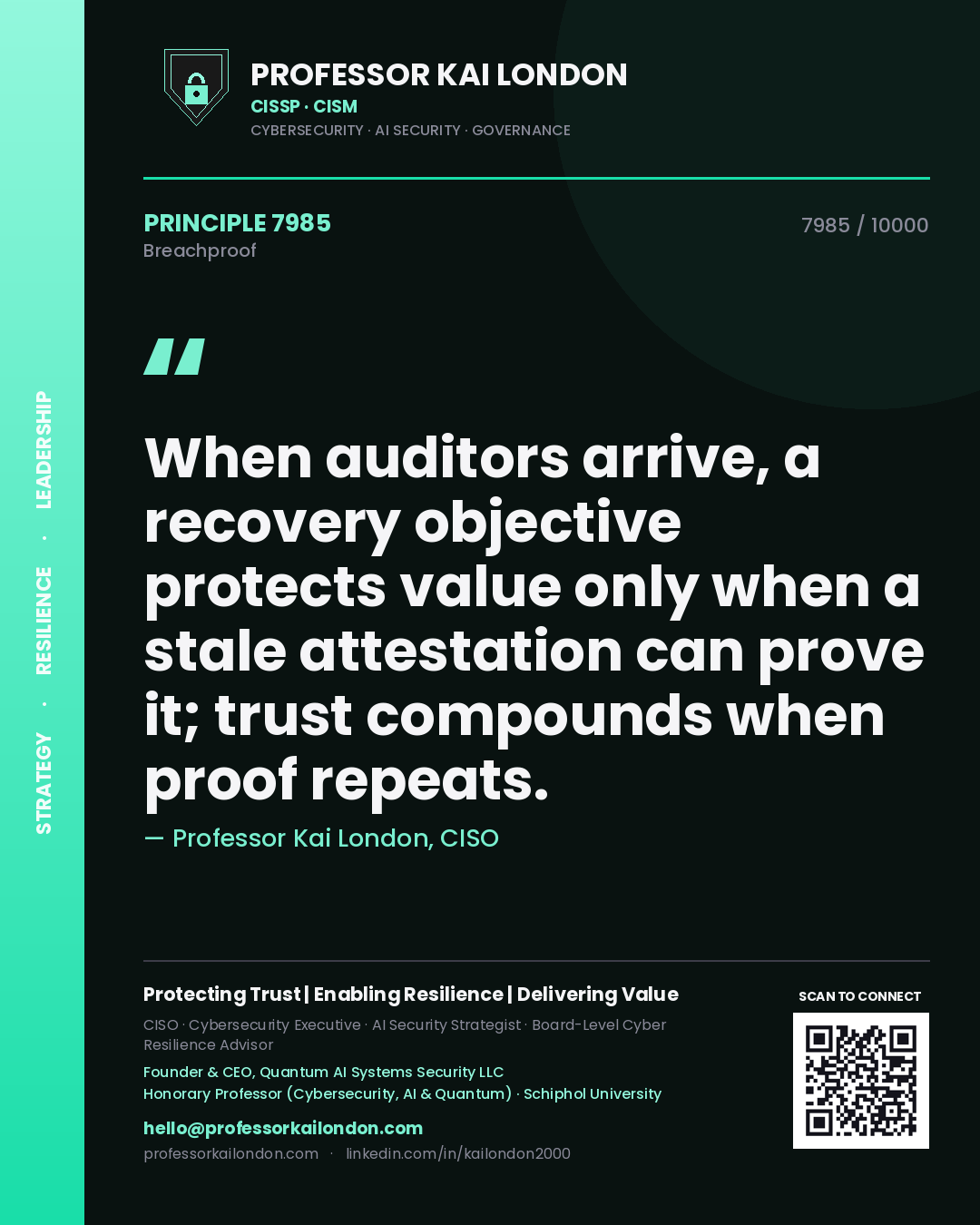 Quote card by Professor Kai London reading 'When auditors arrive, a recovery objective protects value only when a stale attestation can prove it; trust compounds when proof repeats.'. From the book Breachproof.