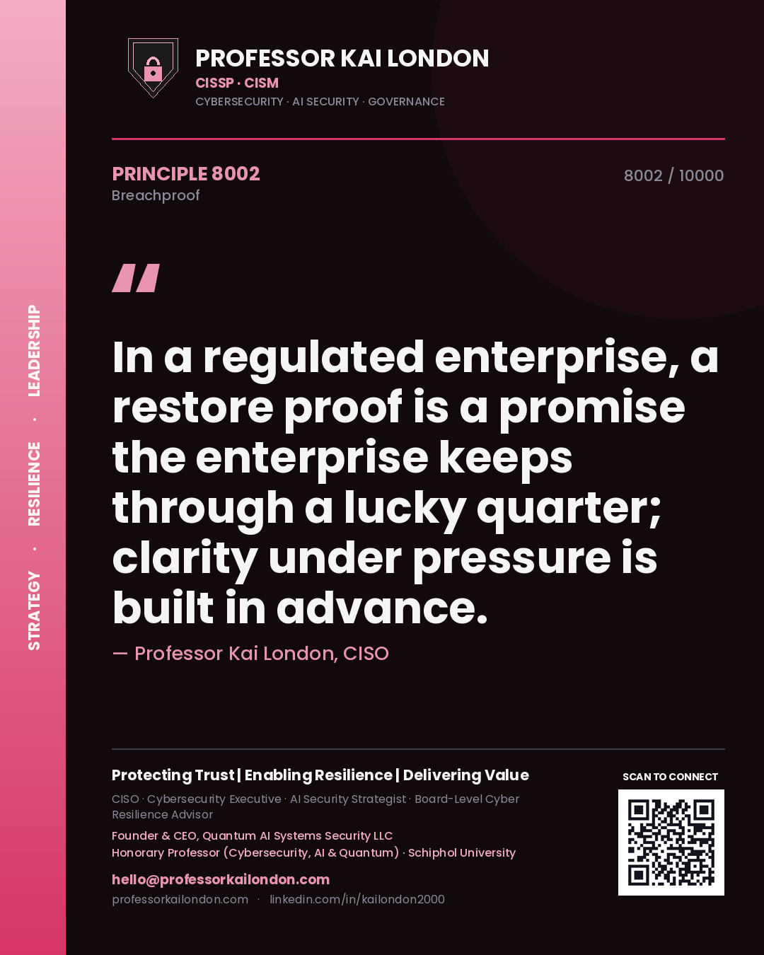 Quote card by Professor Kai London reading 'In a regulated enterprise, a restore proof is a promise the enterprise keeps through a lucky quarter; clarity under pressure is built in advance.'. From the book Breachproof.