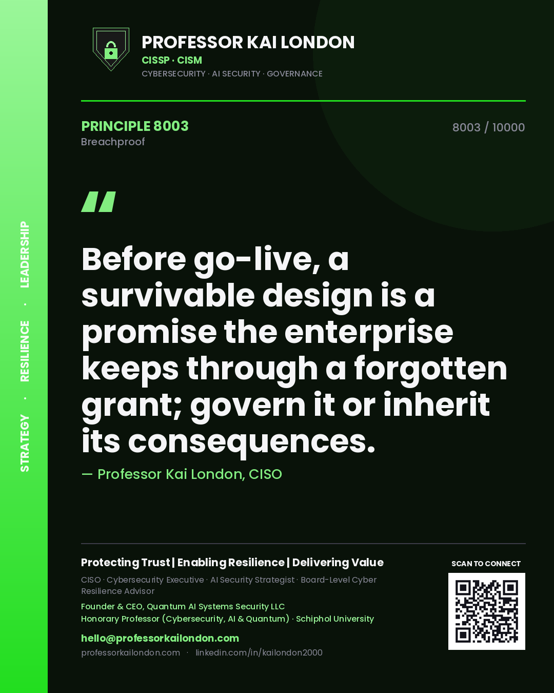 Quote card by Professor Kai London reading 'Before go-live, a survivable design is a promise the enterprise keeps through a forgotten grant; govern it or inherit its consequences.'. From the book Breachproof.