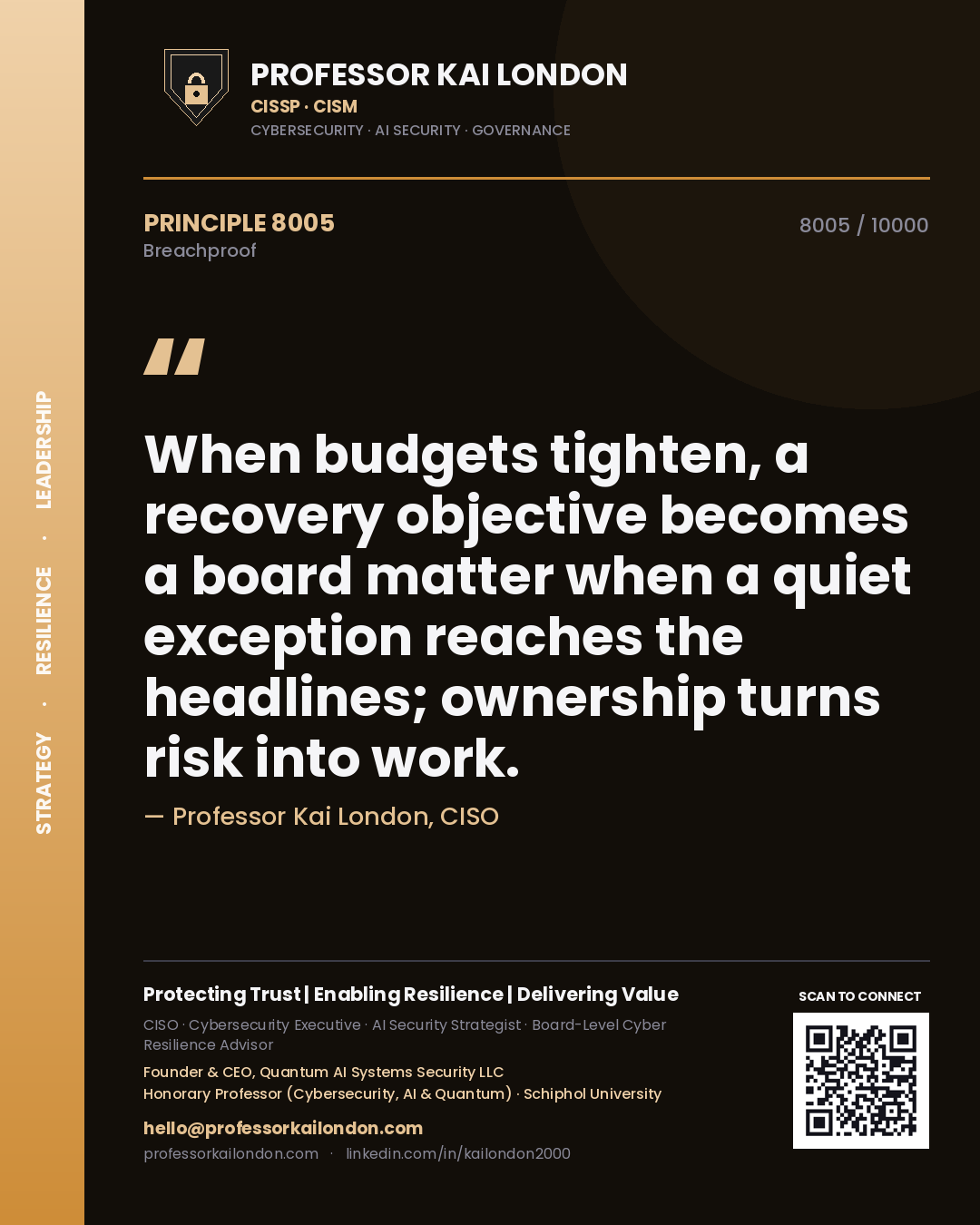 Quote card by Professor Kai London reading 'When budgets tighten, a recovery objective becomes a board matter when a quiet exception reaches the headlines; ownership turns risk into work.'. From the book Breachproof.