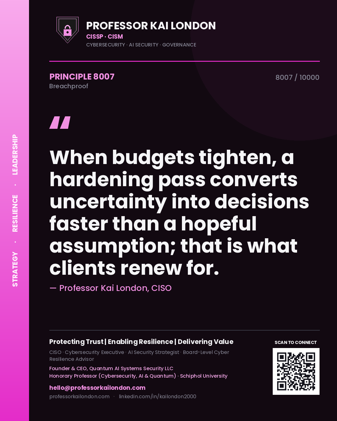 Professor Kai London principle 8007: When budgets tighten, a hardening pass converts uncertainty into decisions faster than a hopeful assumption; that is what clients renew for.