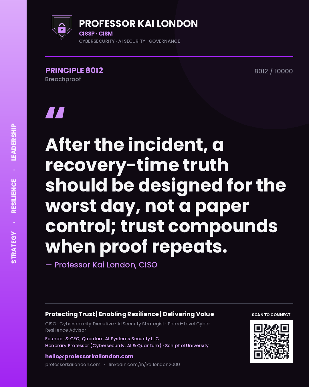 Quote card by Professor Kai London reading 'After the incident, a recovery-time truth should be designed for the worst day, not a paper control; trust compounds when proof repeats.'. From the book Breachproof.