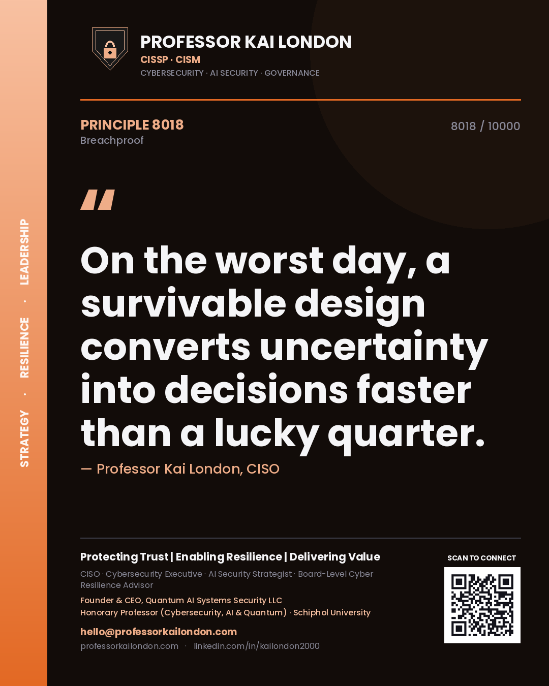 Quote card by Professor Kai London reading 'On the worst day, a survivable design converts uncertainty into decisions faster than a lucky quarter.'. From the book Breachproof.