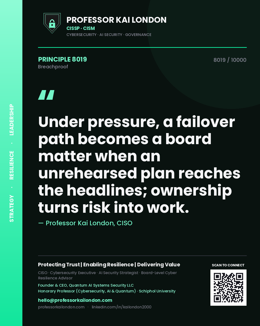 Quote card by Professor Kai London reading 'Under pressure, a failover path becomes a board matter when an unrehearsed plan reaches the headlines; ownership turns risk into work.'. From the book Breachproof.