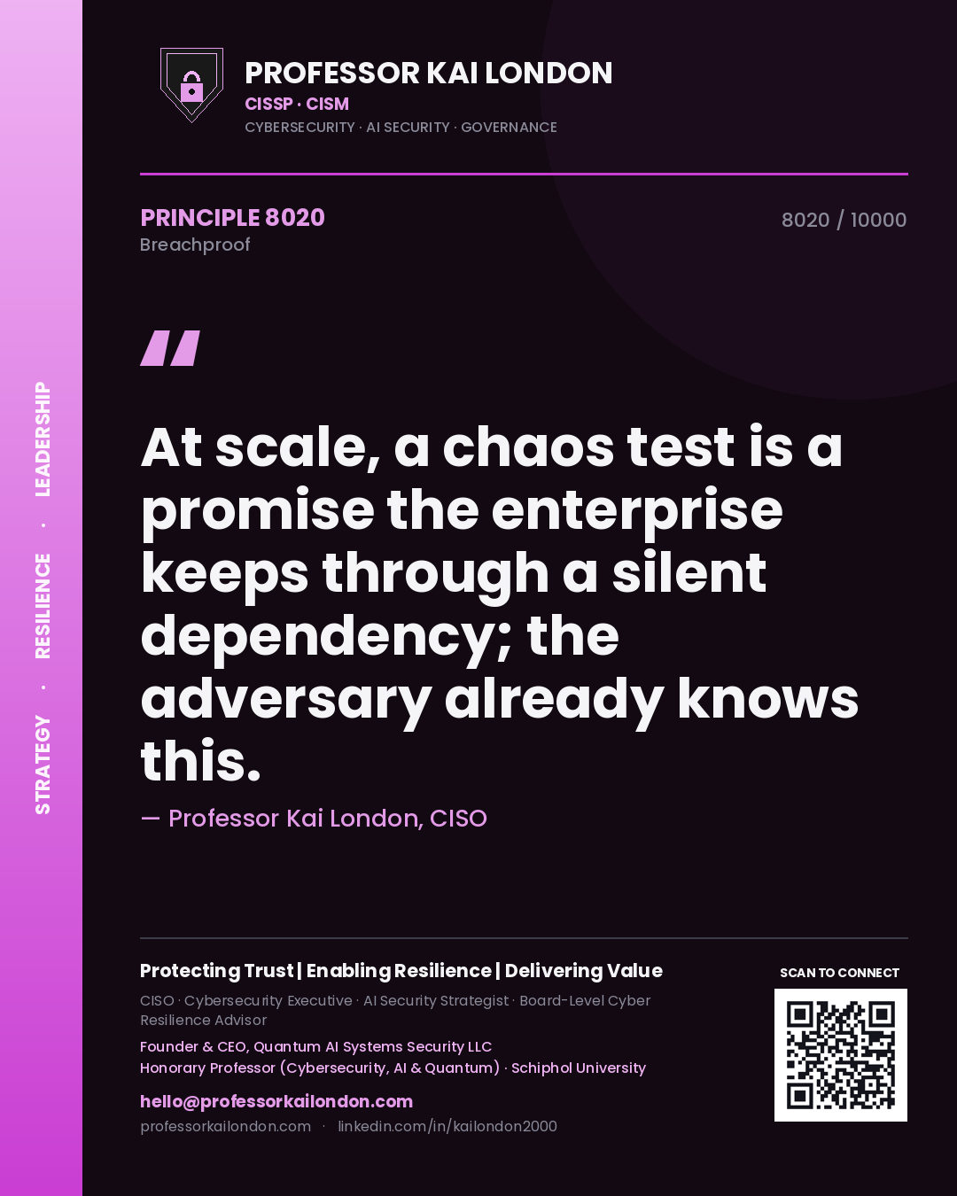 Professor Kai London principle 8020: At scale, a chaos test is a promise the enterprise keeps through a silent dependency; the adversary already knows this.