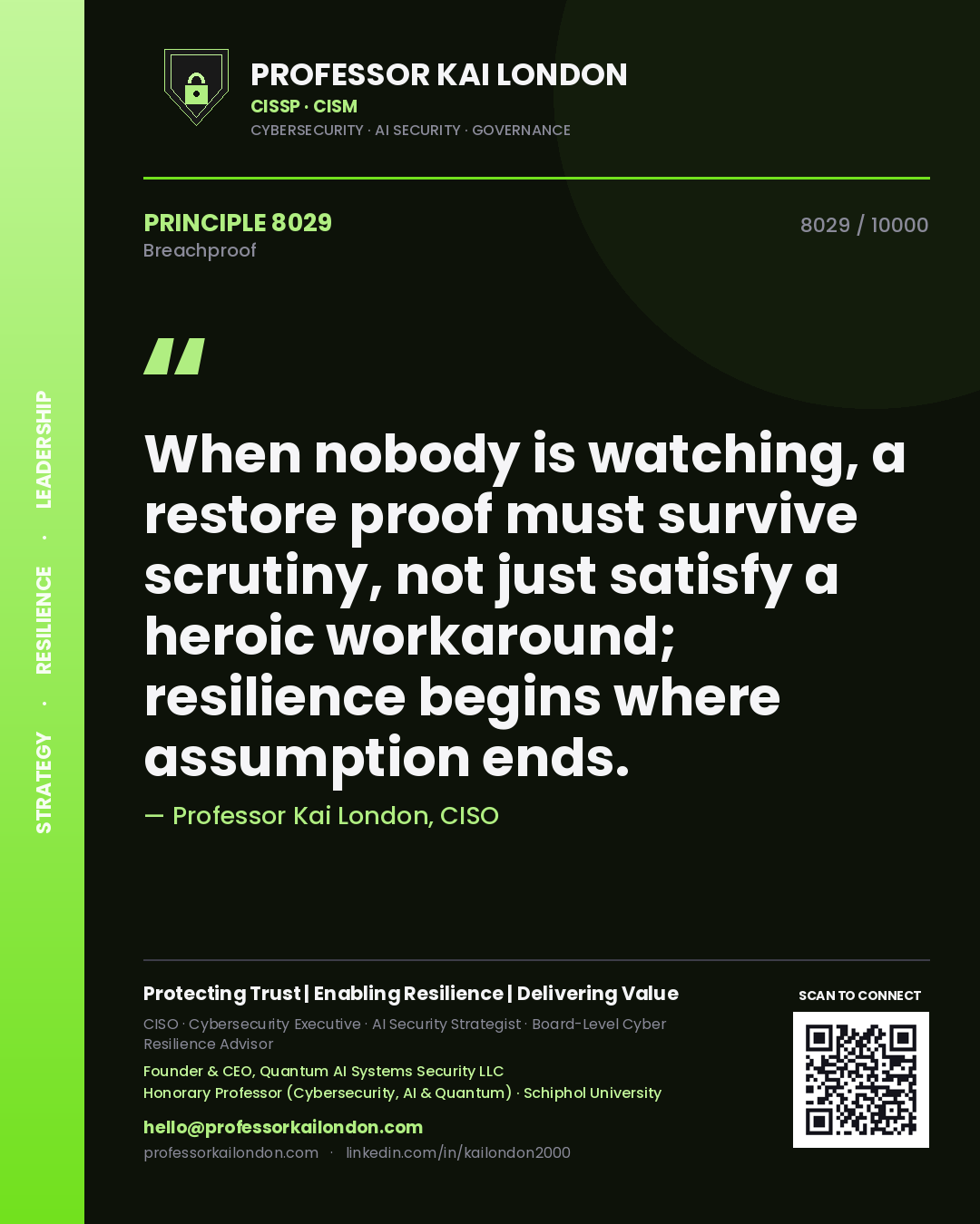 Professor Kai London principle 8029: When nobody is watching, a restore proof must survive scrutiny, not just satisfy a heroic workaround; resilience begins where assumption ends.