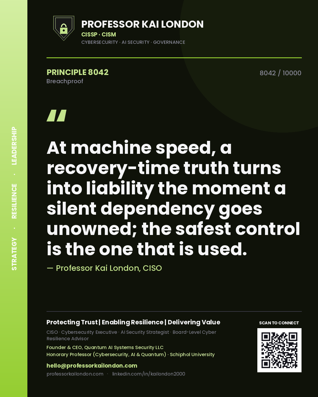 Quote card by Professor Kai London reading 'At machine speed, a recovery-time truth turns into liability the moment a silent dependency goes unowned; the safest control is the one that is used.'. From the book Breachproof.