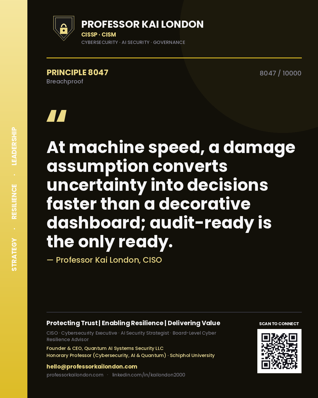Professor Kai London principle 8047: At machine speed, a damage assumption converts uncertainty into decisions faster than a decorative dashboard; audit-ready is the only ready.
