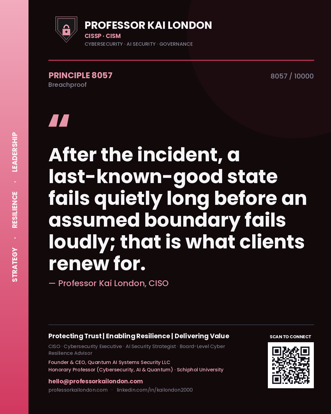 Quote card by Professor Kai London reading 'After the incident, a last-known-good state fails quietly long before an assumed boundary fails loudly; that is what clients renew for.'. From the book Breachproof.