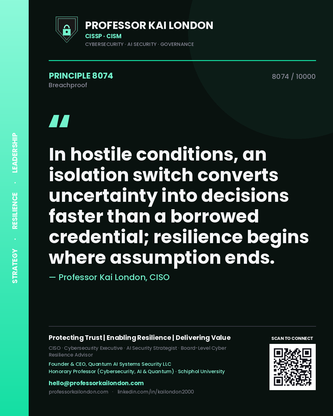 Quote card by Professor Kai London reading 'In hostile conditions, an isolation switch converts uncertainty into decisions faster than a borrowed credential; resilience begins where assumption ends.'. From the book Breachproof.