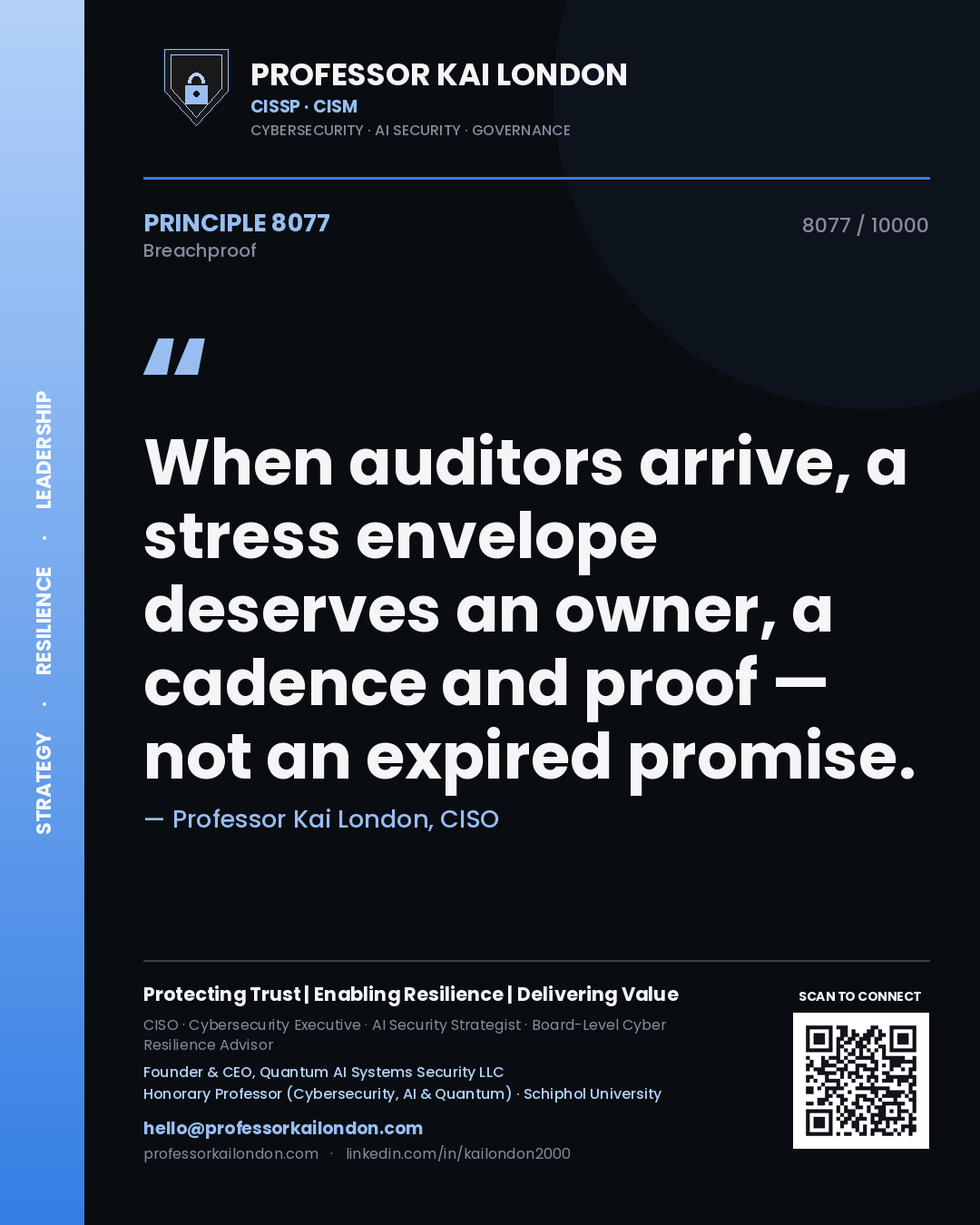 Quote card by Professor Kai London reading 'When auditors arrive, a stress envelope deserves an owner, a cadence and proof — not an expired promise.'. From the book Breachproof.
