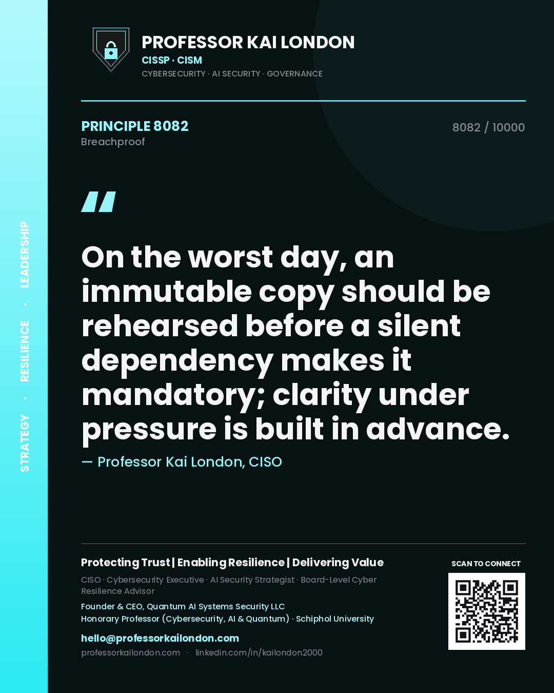 Professor Kai London principle 8082: On the worst day, an immutable copy should be rehearsed before a silent dependency makes it mandatory; clarity under pressure is built in advance.