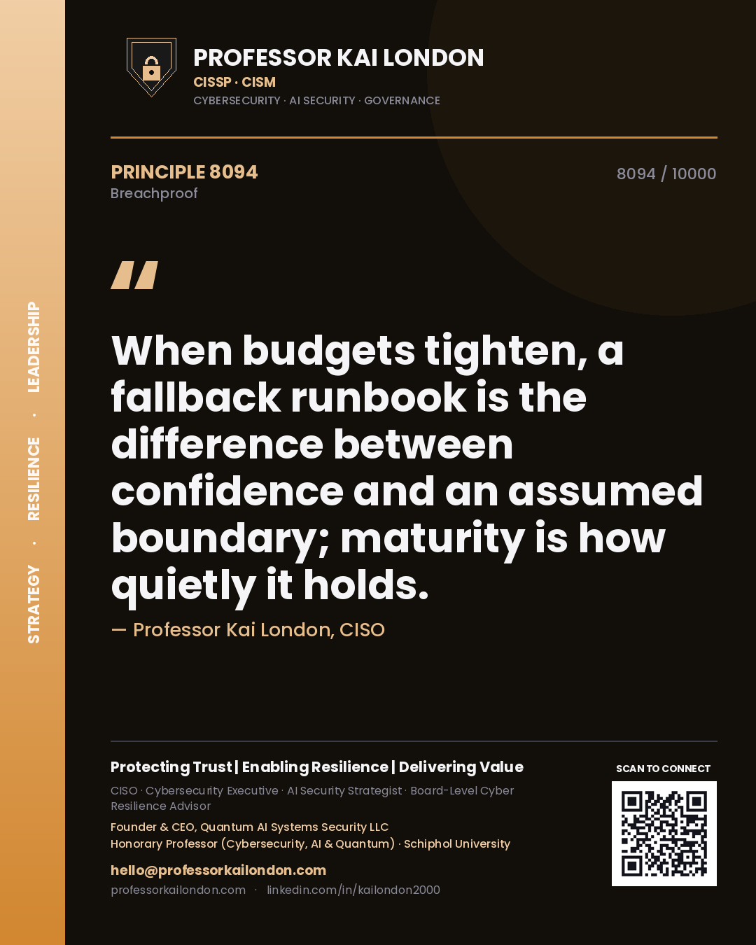 Quote card by Professor Kai London reading 'When budgets tighten, a fallback runbook is the difference between confidence and an assumed boundary; maturity is how quietly it holds.'. From the book Breachproof.