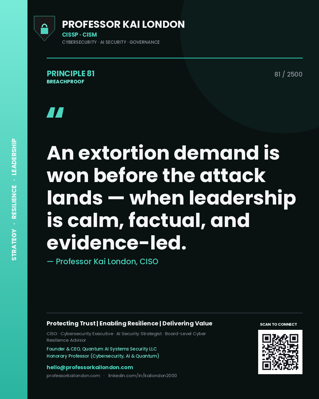 Quote card by Professor Kai London reading 'An extortion demand is won before the attack lands — when leadership is calm, factual, and evidence-led.'. From the book Breachproof.
