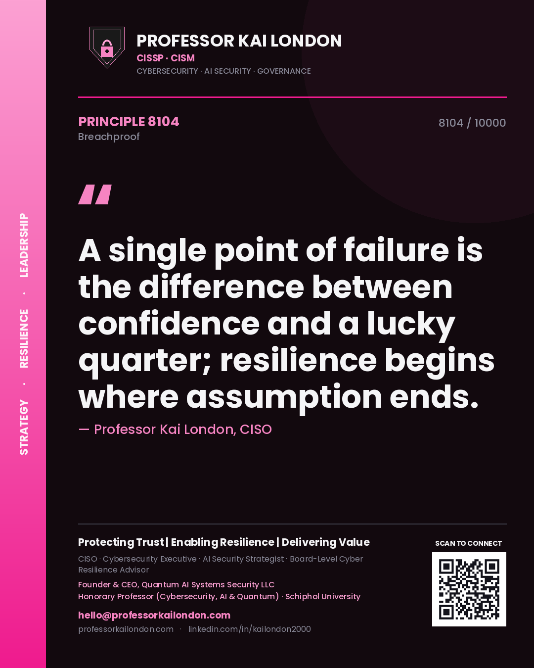 Quote card by Professor Kai London reading 'A single point of failure is the difference between confidence and a lucky quarter; resilience begins where assumption ends.'. From the book Breachproof.