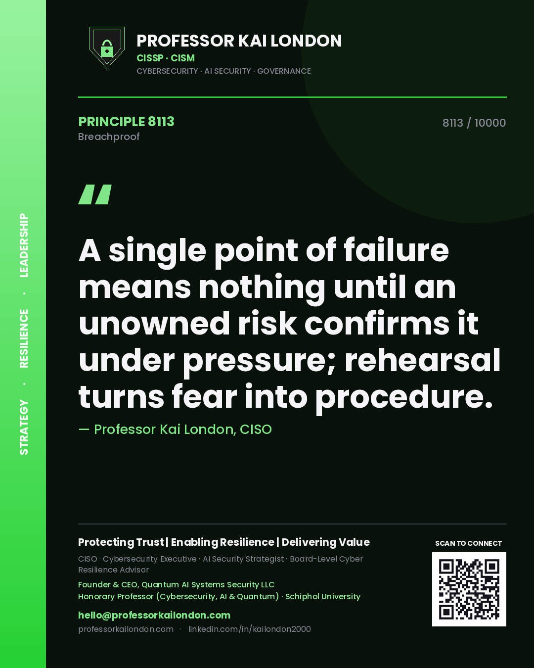 Professor Kai London principle 8113: A single point of failure means nothing until an unowned risk confirms it under pressure; rehearsal turns fear into procedure.