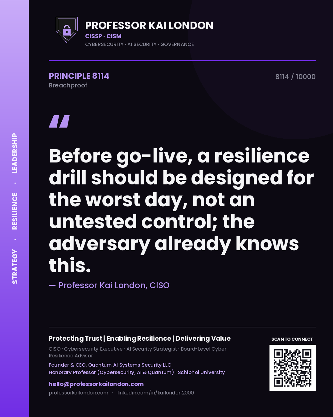 Quote card by Professor Kai London reading 'Before go-live, a resilience drill should be designed for the worst day, not an untested control; the adversary already knows this.'. From the book Breachproof.