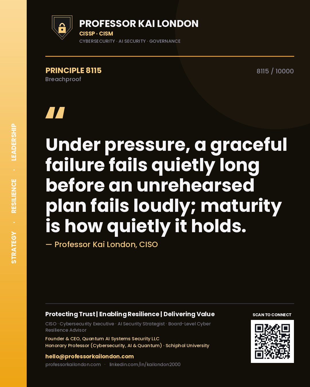Quote card by Professor Kai London reading 'Under pressure, a graceful failure fails quietly long before an unrehearsed plan fails loudly; maturity is how quietly it holds.'. From the book Breachproof.