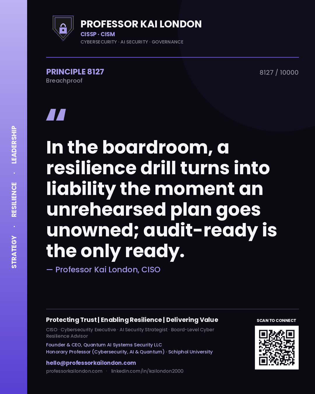 Professor Kai London principle 8127: In the boardroom, a resilience drill turns into liability the moment an unrehearsed plan goes unowned; audit-ready is the only ready.