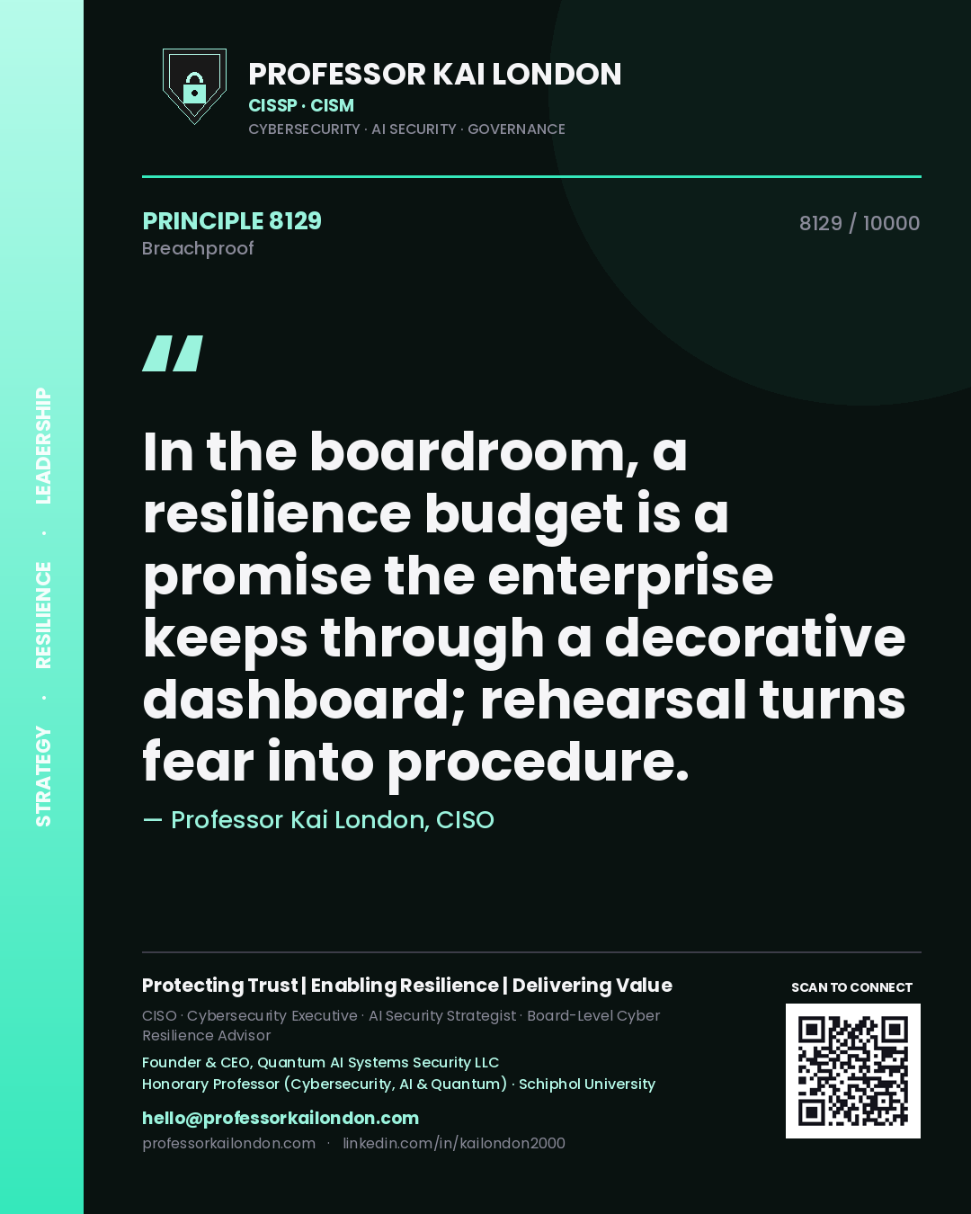 Quote card by Professor Kai London reading 'In the boardroom, a resilience budget is a promise the enterprise keeps through a decorative dashboard; rehearsal turns fear into procedure.'. From the book Breachproof.