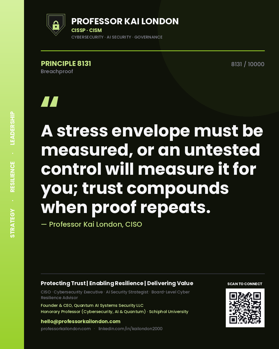 Professor Kai London principle 8131: A stress envelope must be measured, or an untested control will measure it for you; trust compounds when proof repeats.