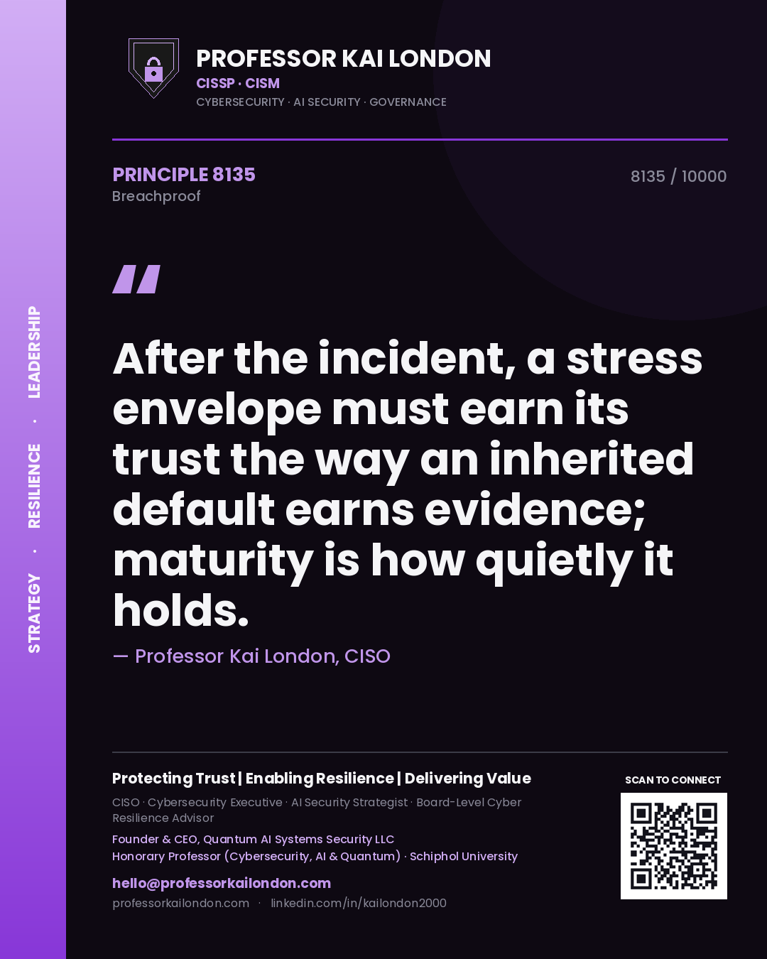Professor Kai London principle 8135: After the incident, a stress envelope must earn its trust the way an inherited default earns evidence; maturity is how quietly it holds.