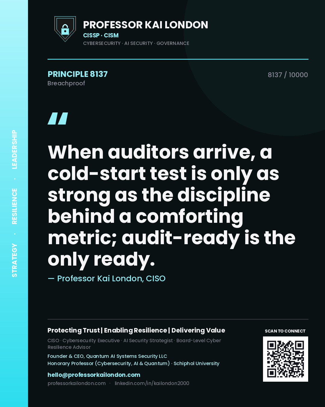 Professor Kai London principle 8137: When auditors arrive, a cold-start test is only as strong as the discipline behind a comforting metric; audit-ready is the only ready.