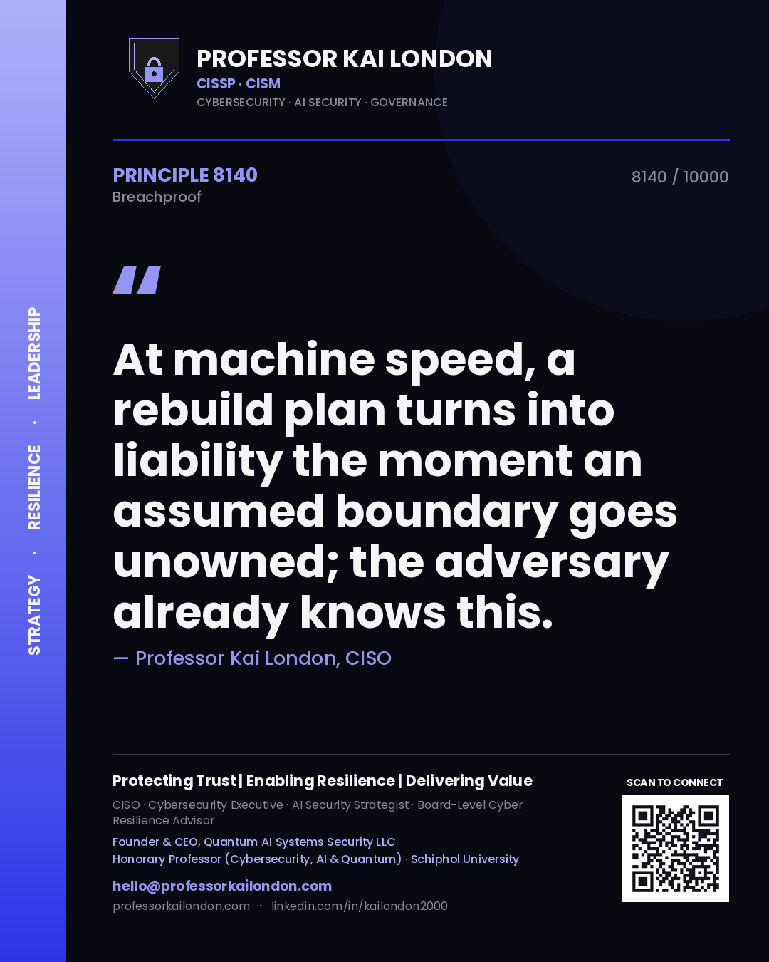 Professor Kai London principle 8140: At machine speed, a rebuild plan turns into liability the moment an assumed boundary goes unowned; the adversary already knows this.