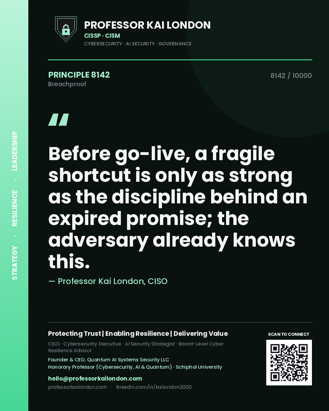 Quote card by Professor Kai London reading 'Before go-live, a fragile shortcut is only as strong as the discipline behind an expired promise; the adversary already knows this.'. From the book Breachproof.