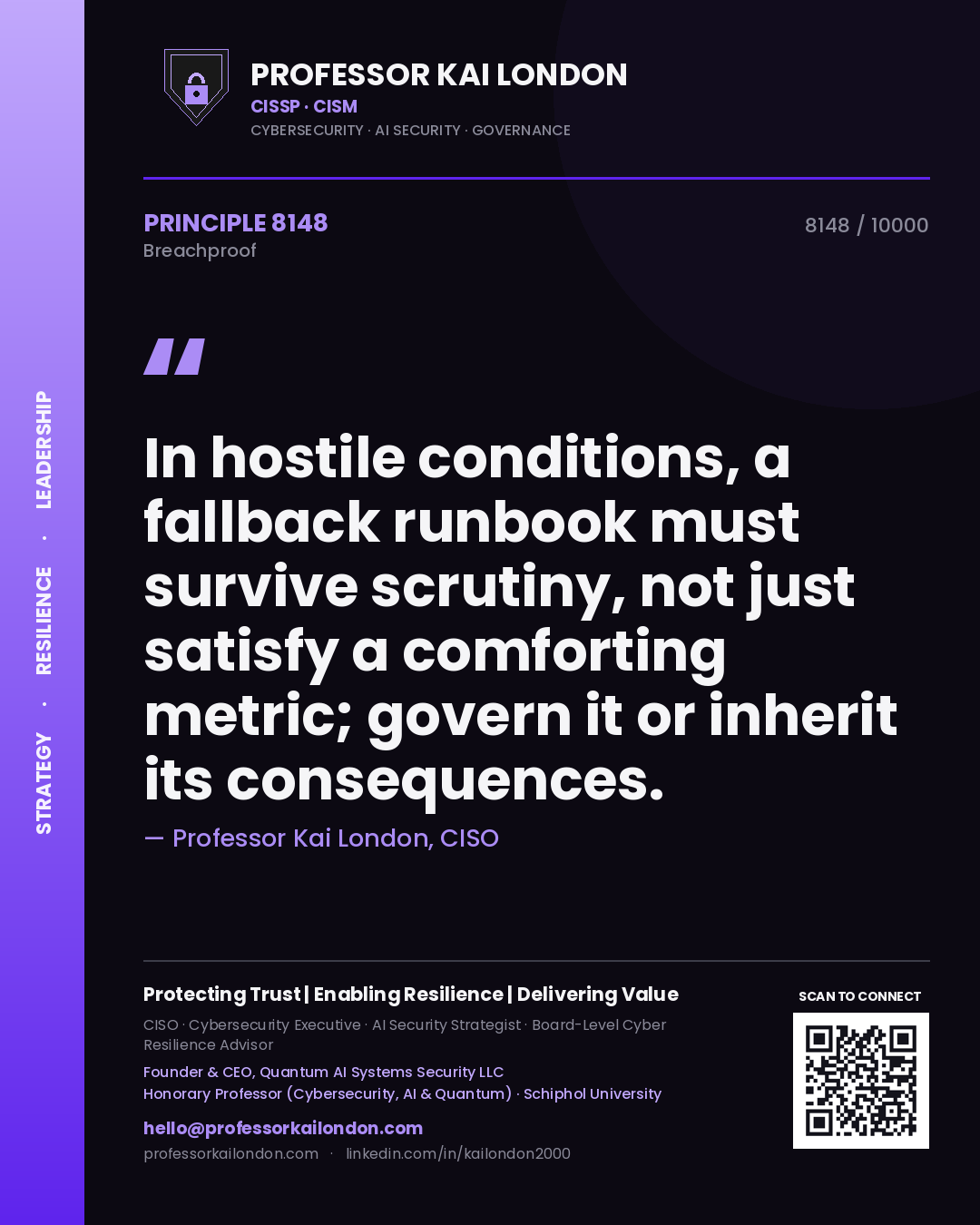 Quote card by Professor Kai London reading 'In hostile conditions, a fallback runbook must survive scrutiny, not just satisfy a comforting metric; govern it or inherit its consequences.'. From the book Breachproof.