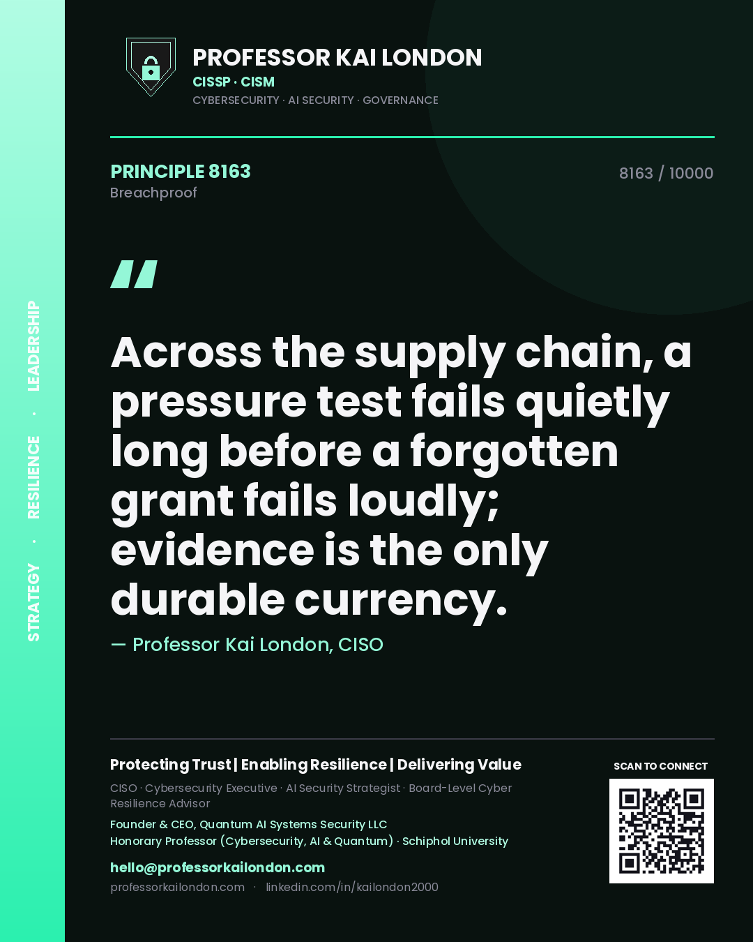 Professor Kai London principle 8163: Across the supply chain, a pressure test fails quietly long before a forgotten grant fails loudly; evidence is the only durable currency.