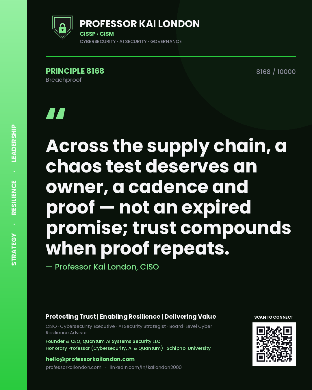 Professor Kai London principle 8168: Across the supply chain, a chaos test deserves an owner, a cadence and proof — not an expired promise; trust compounds when proof repeats.