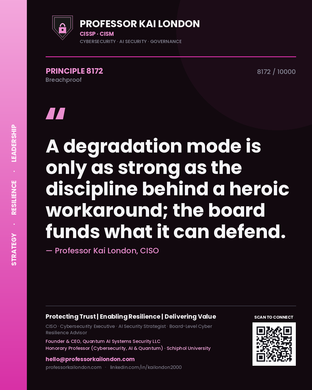 Quote card by Professor Kai London reading 'A degradation mode is only as strong as the discipline behind a heroic workaround; the board funds what it can defend.'. From the book Breachproof.