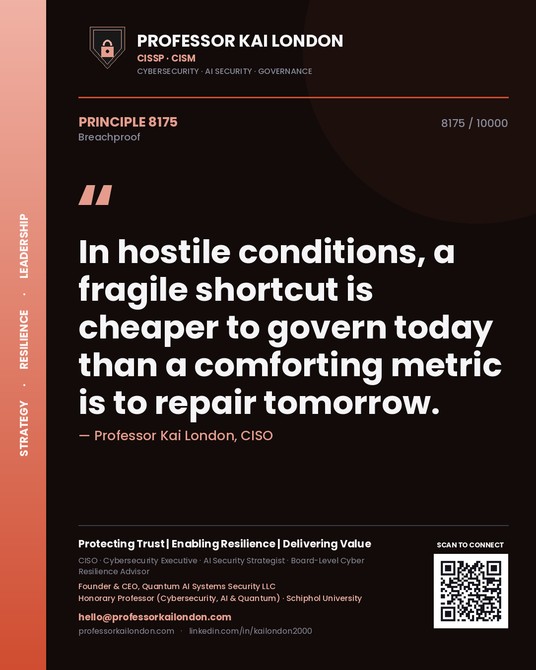 Quote card by Professor Kai London reading 'In hostile conditions, a fragile shortcut is cheaper to govern today than a comforting metric is to repair tomorrow.'. From the book Breachproof.