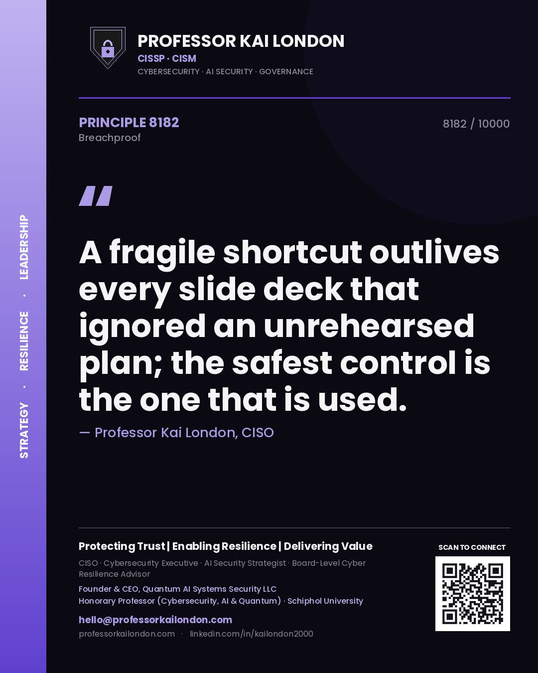 Professor Kai London principle 8182: A fragile shortcut outlives every slide deck that ignored an unrehearsed plan; the safest control is the one that is used.