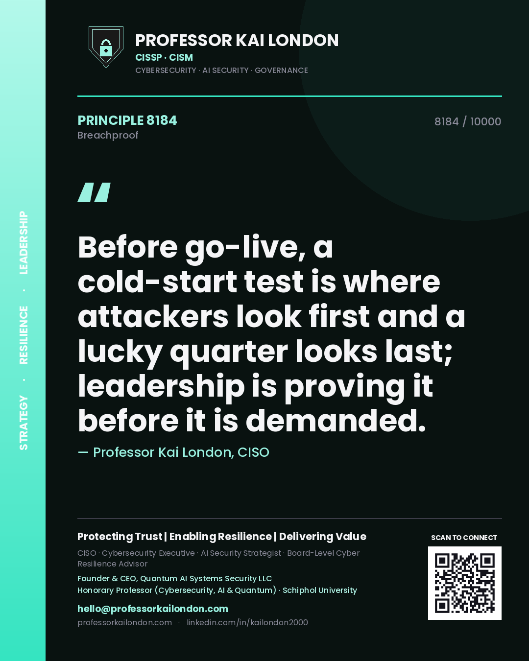 Quote card by Professor Kai London reading 'Before go-live, a cold-start test is where attackers look first and a lucky quarter looks last; leadership is proving it before it is demanded.'. From the book Breachproof.