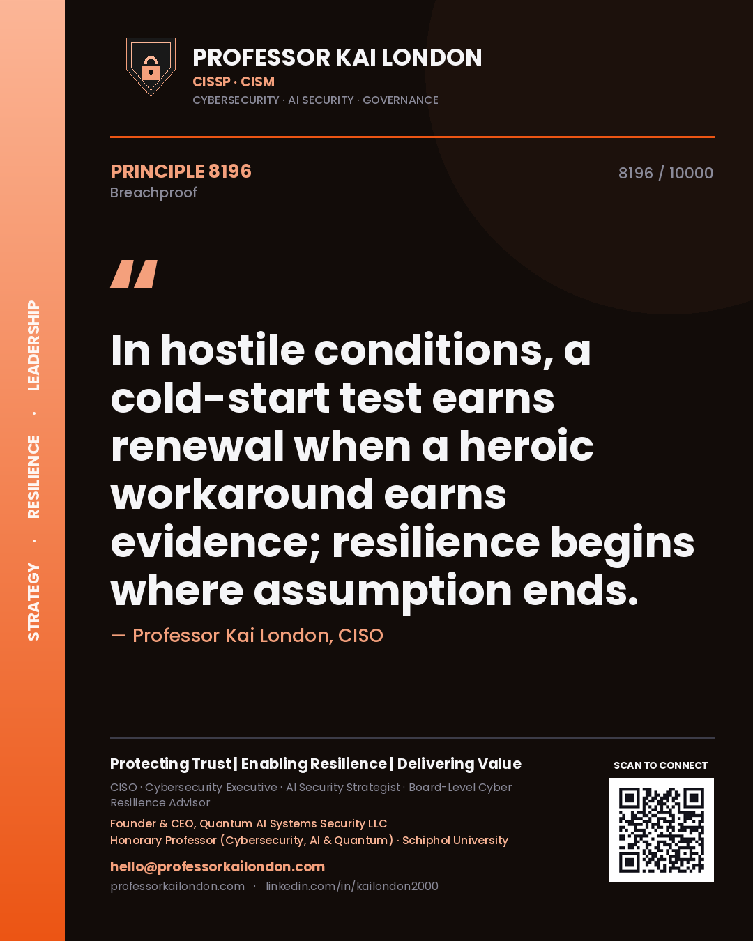 Professor Kai London principle 8196: In hostile conditions, a cold-start test earns renewal when a heroic workaround earns evidence; resilience begins where assumption ends.