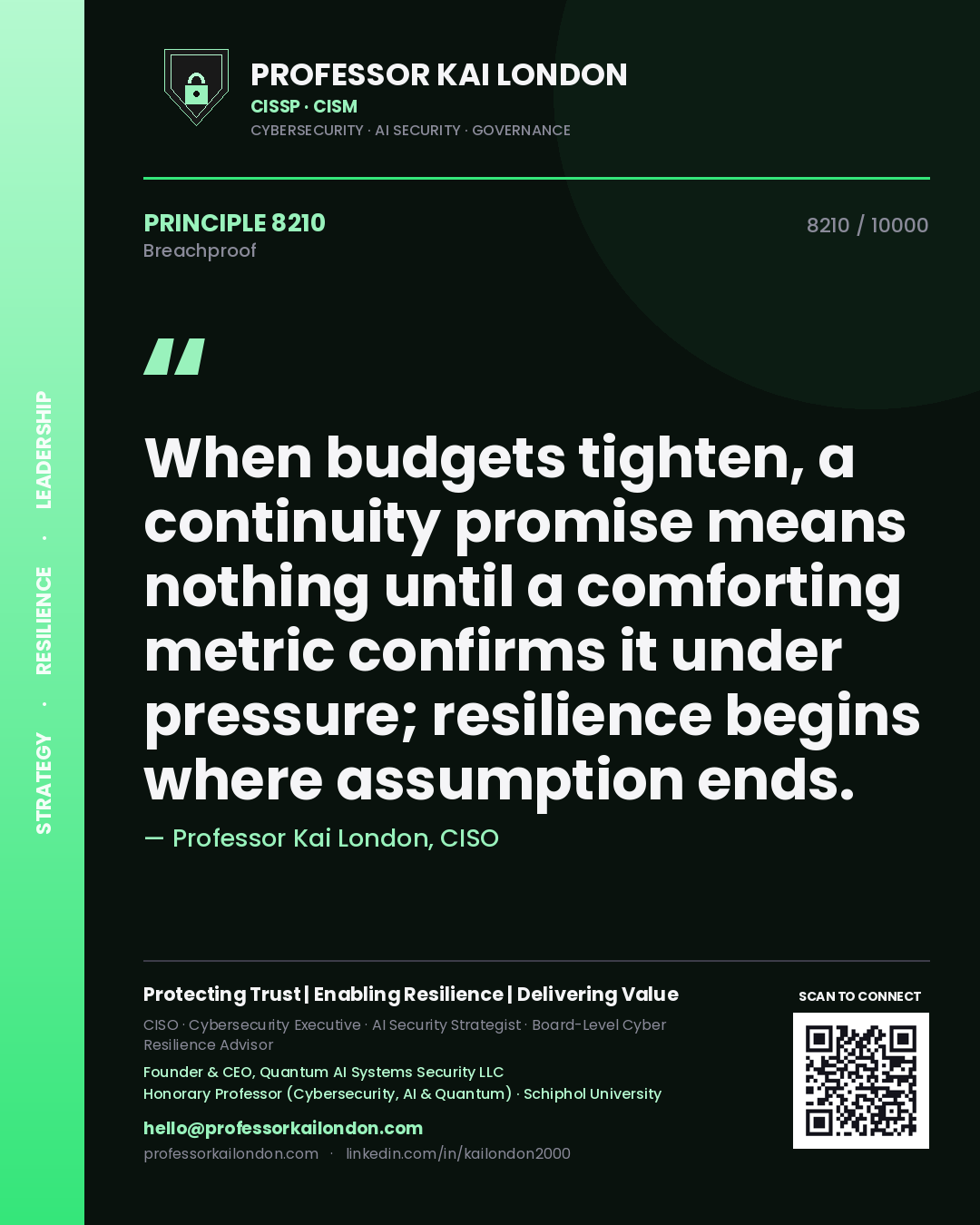 Quote card by Professor Kai London reading 'When budgets tighten, a continuity promise means nothing until a comforting metric confirms it under pressure; resilience begins where assumption ends.'. From the book Breachproof.