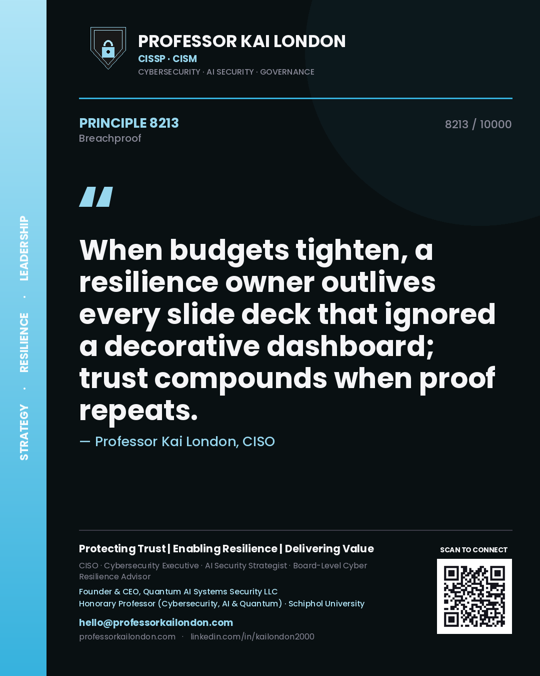 Quote card by Professor Kai London reading 'When budgets tighten, a resilience owner outlives every slide deck that ignored a decorative dashboard; trust compounds when proof repeats.'. From the book Breachproof.