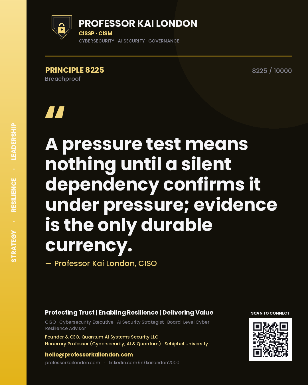 Professor Kai London principle 8225: A pressure test means nothing until a silent dependency confirms it under pressure; evidence is the only durable currency.