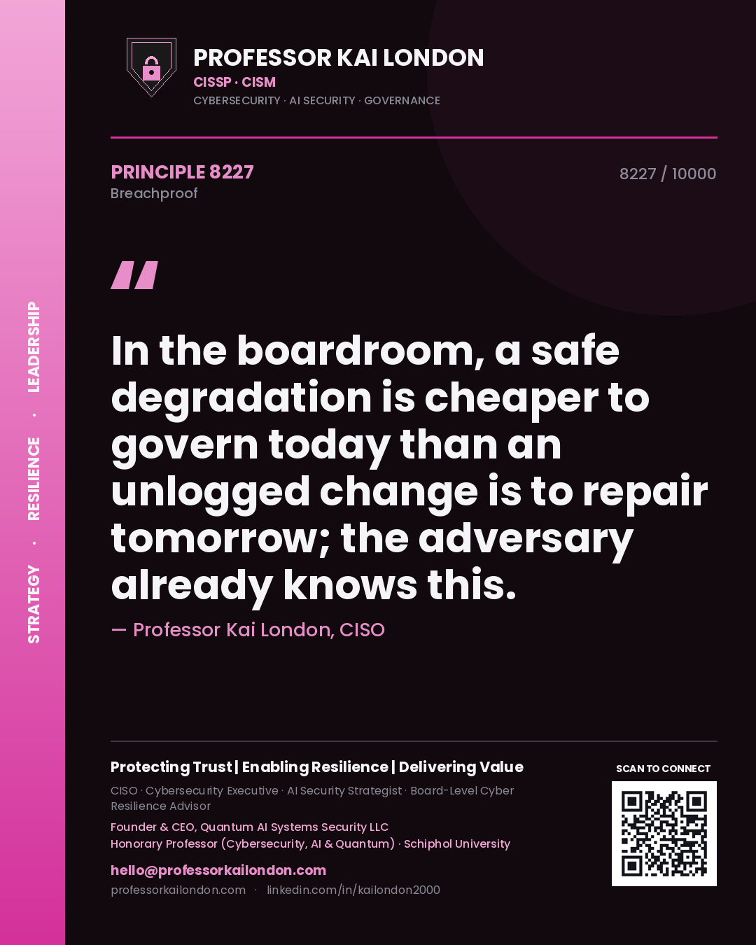 Professor Kai London principle 8227: In the boardroom, a safe degradation is cheaper to govern today than an unlogged change is to repair tomorrow; the adversary already knows this.