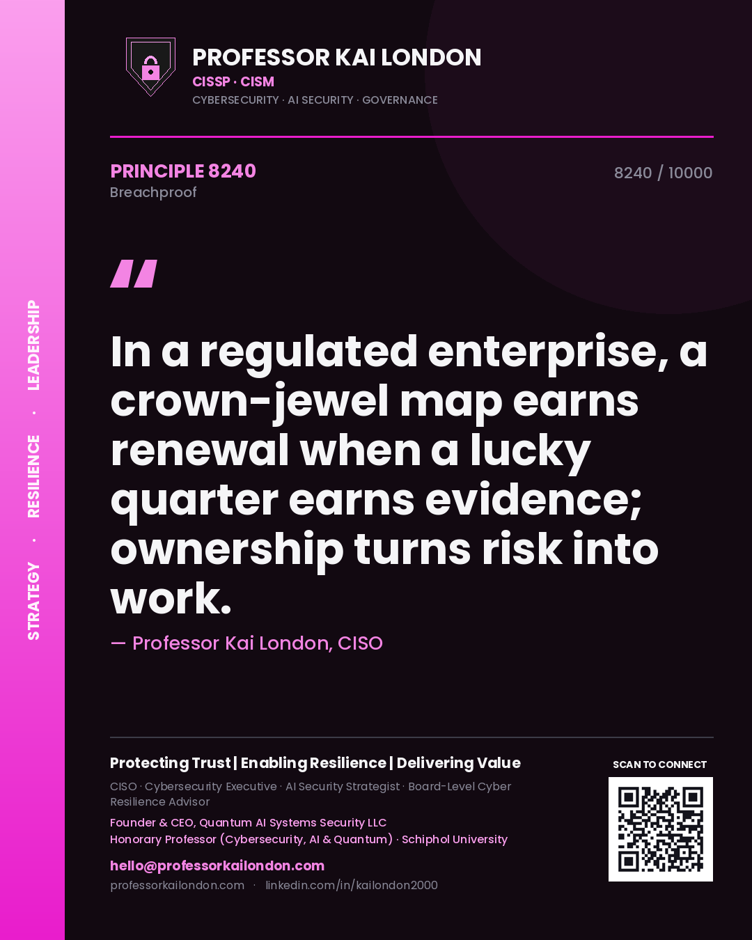 Quote card by Professor Kai London reading 'In a regulated enterprise, a crown-jewel map earns renewal when a lucky quarter earns evidence; ownership turns risk into work.'. From the book Breachproof.