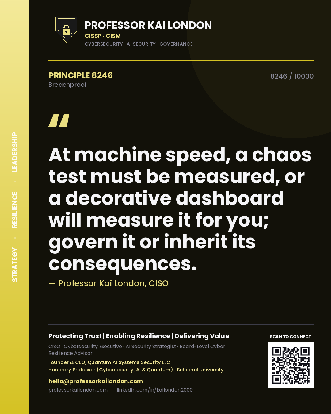Quote card by Professor Kai London reading 'At machine speed, a chaos test must be measured, or a decorative dashboard will measure it for you; govern it or inherit its consequences.'. From the book Breachproof.