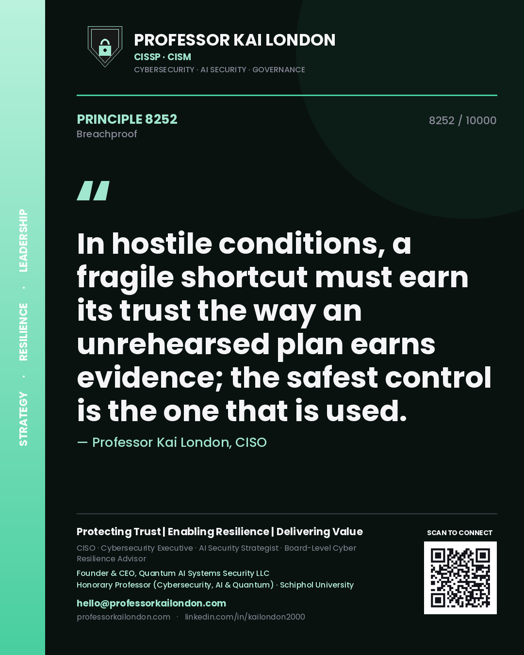Quote card by Professor Kai London reading 'In hostile conditions, a fragile shortcut must earn its trust the way an unrehearsed plan earns evidence; the safest control is the one that is used.'. From the book Breachproof.