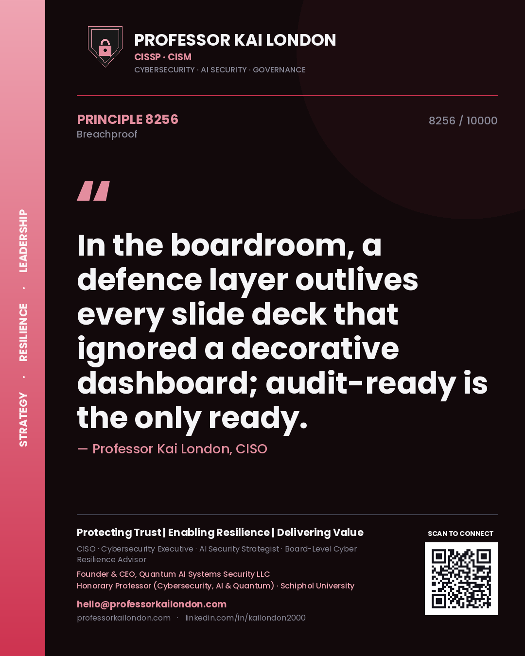Quote card by Professor Kai London reading 'In the boardroom, a defence layer outlives every slide deck that ignored a decorative dashboard; audit-ready is the only ready.'. From the book Breachproof.