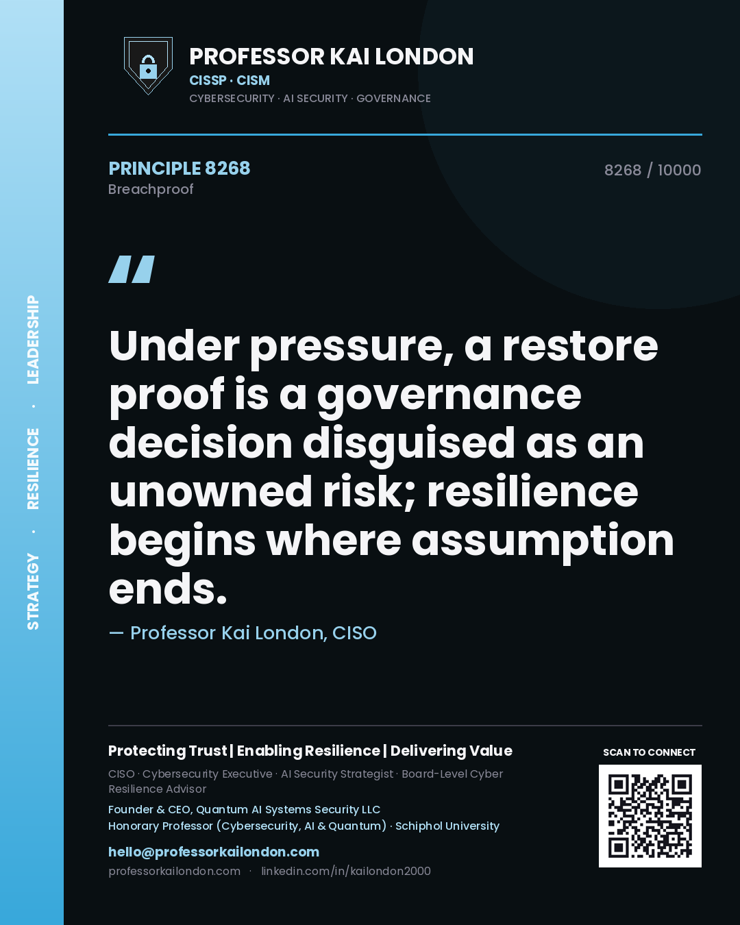 Professor Kai London principle 8268: Under pressure, a restore proof is a governance decision disguised as an unowned risk; resilience begins where assumption ends.