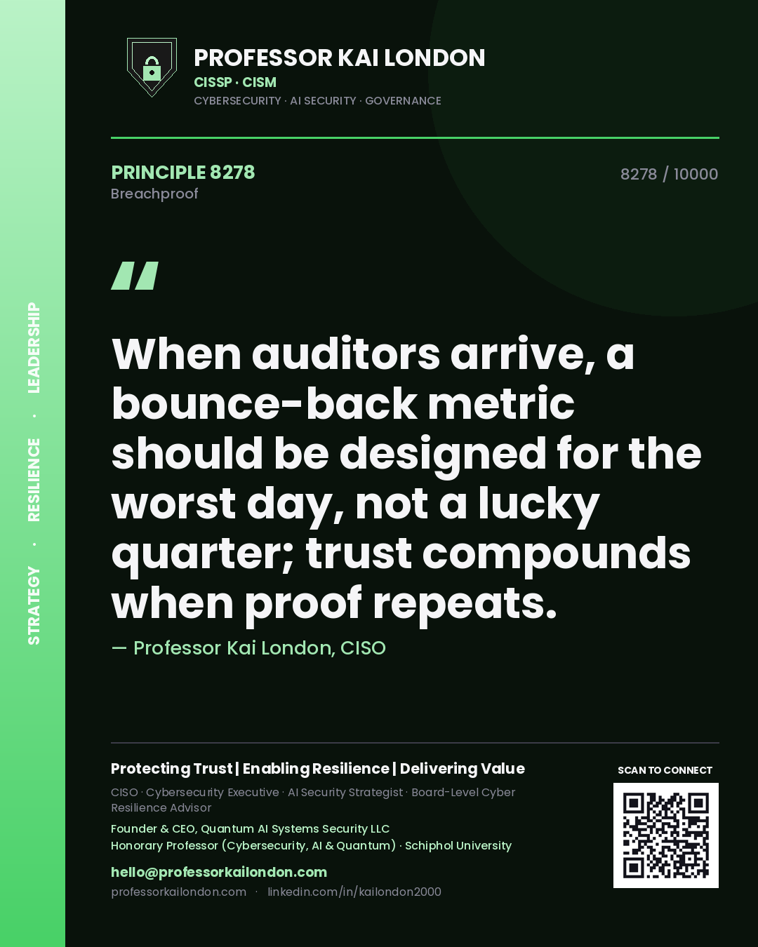 Quote card by Professor Kai London reading 'When auditors arrive, a bounce-back metric should be designed for the worst day, not a lucky quarter; trust compounds when proof repeats.'. From the book Breachproof.