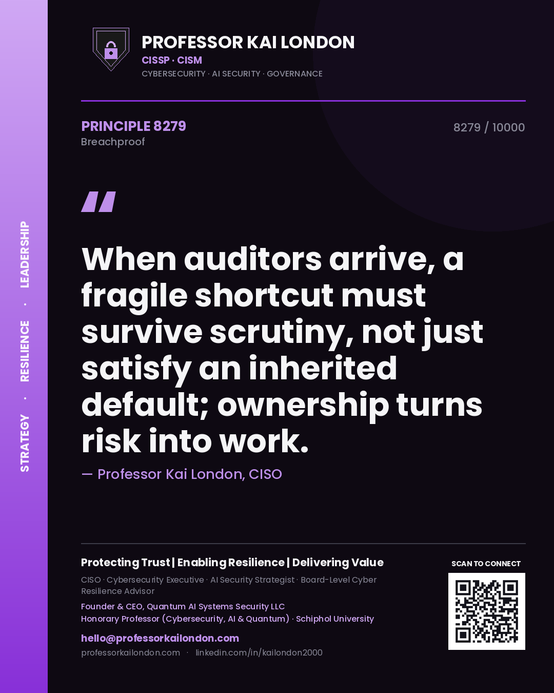 Quote card by Professor Kai London reading 'When auditors arrive, a fragile shortcut must survive scrutiny, not just satisfy an inherited default; ownership turns risk into work.'. From the book Breachproof.