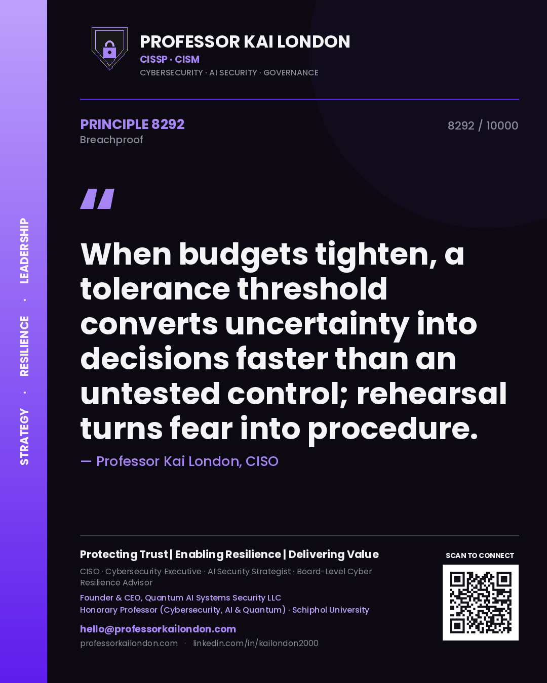 Quote card by Professor Kai London reading 'When budgets tighten, a tolerance threshold converts uncertainty into decisions faster than an untested control; rehearsal turns fear into procedure.'. From the book Breachproof.